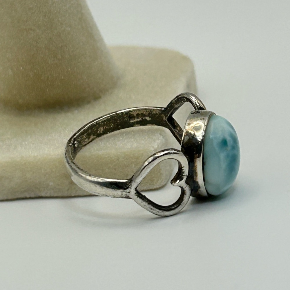 925 Silver Light Blue Larimar Ring Size 7 Side Hearts - Picture 10 of 12
